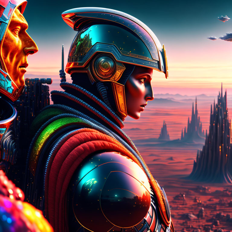 Futuristic characters in high-tech armor observe alien landscape with spires and flying crafts