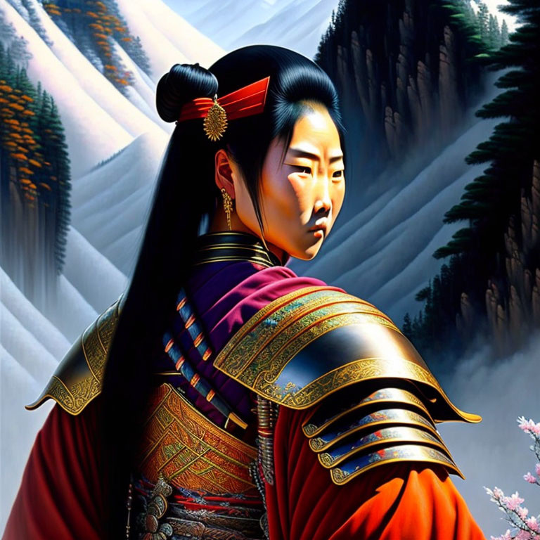 Illustrated woman in ancient warrior attire with stern expression in mountain landscape.