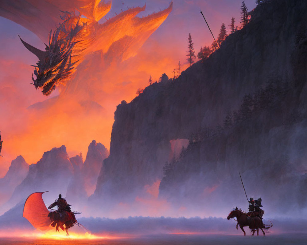 Warriors on horseback confront giant dragon in misty, fiery landscape