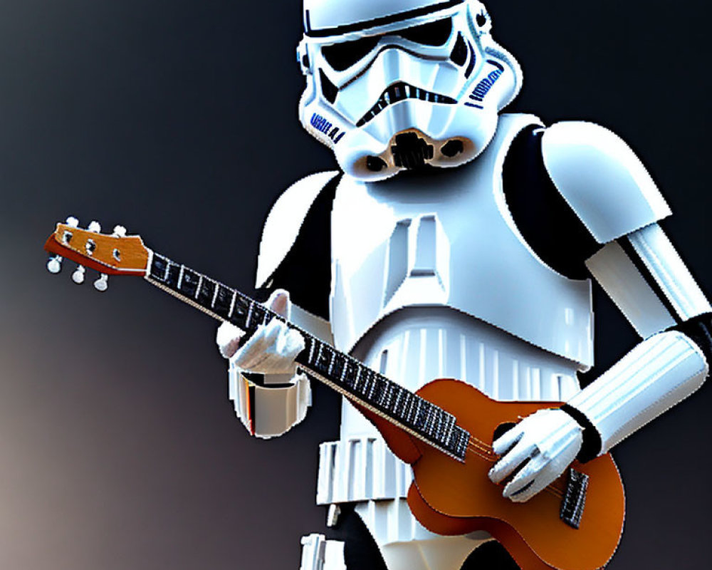 Stormtrooper Figurine with Acoustic Guitar on Dark Background