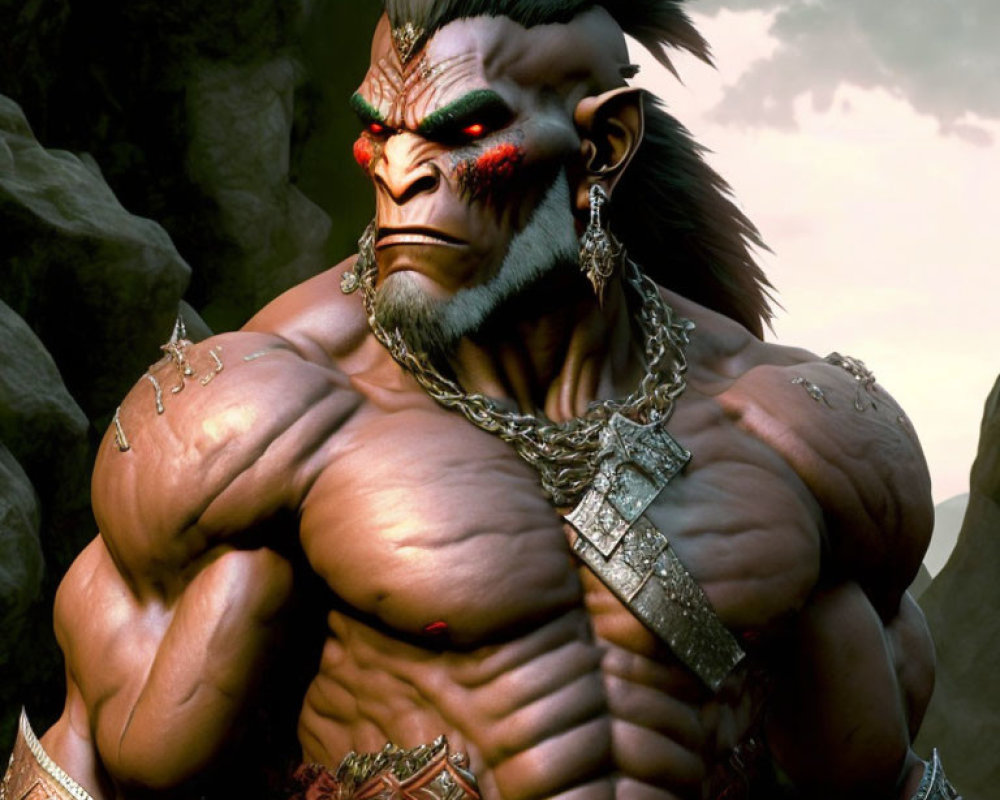 Red-eyed, fanged animated character in chains and armor on rocky background