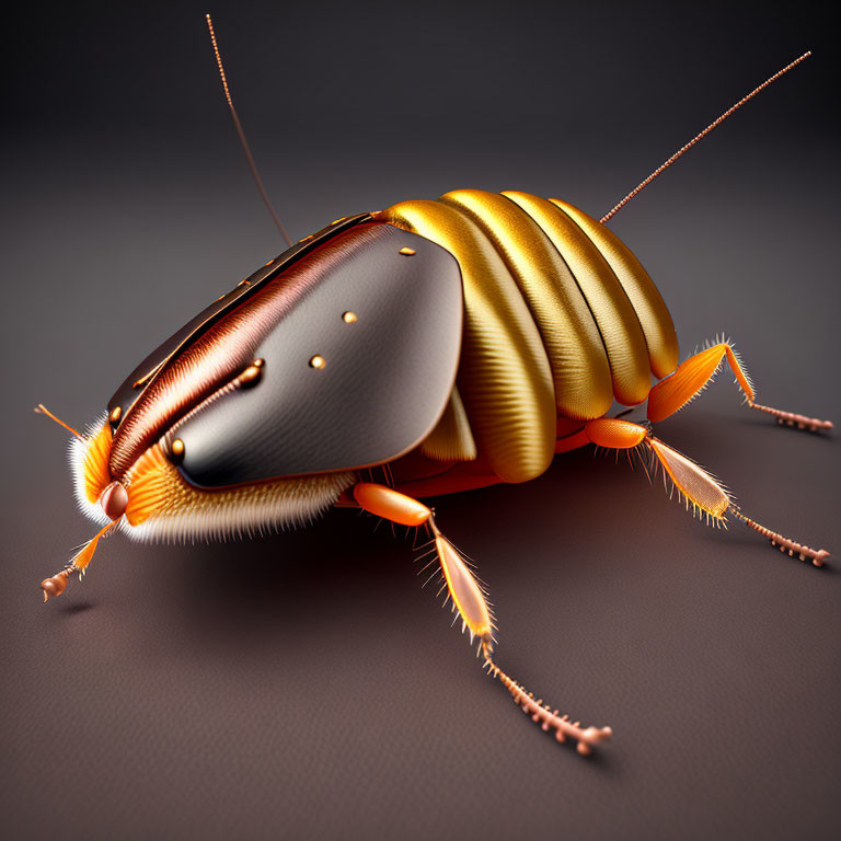 Detailed Digital Rendering of Exaggerated Beetle Features in Vibrant Orange and Brown Tones