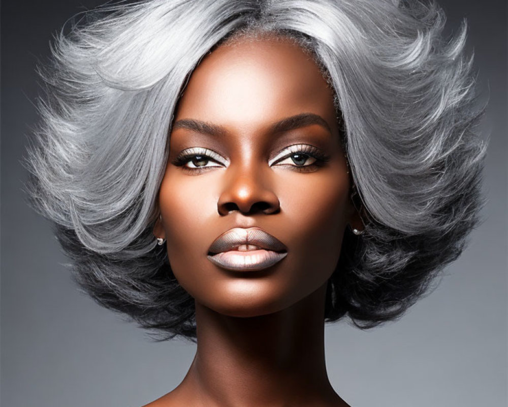 Portrait of Woman with Striking Silver Hair and Bold Makeup