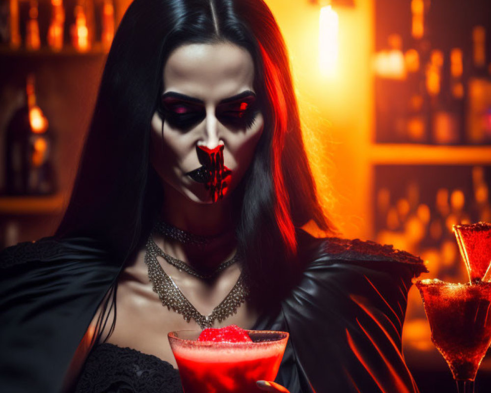 Skull-faced person with red cocktail in dimly lit bar