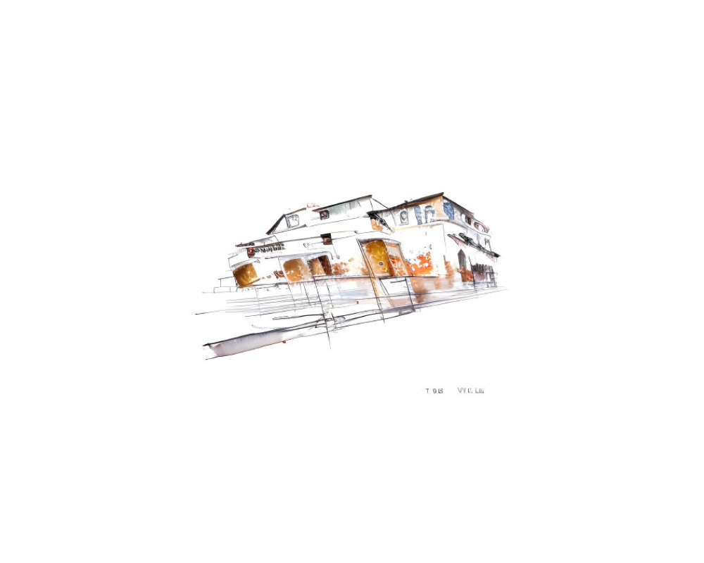 Detailed Sketch: Dilapidated Two-Story Building with Structural Elements on White Background
