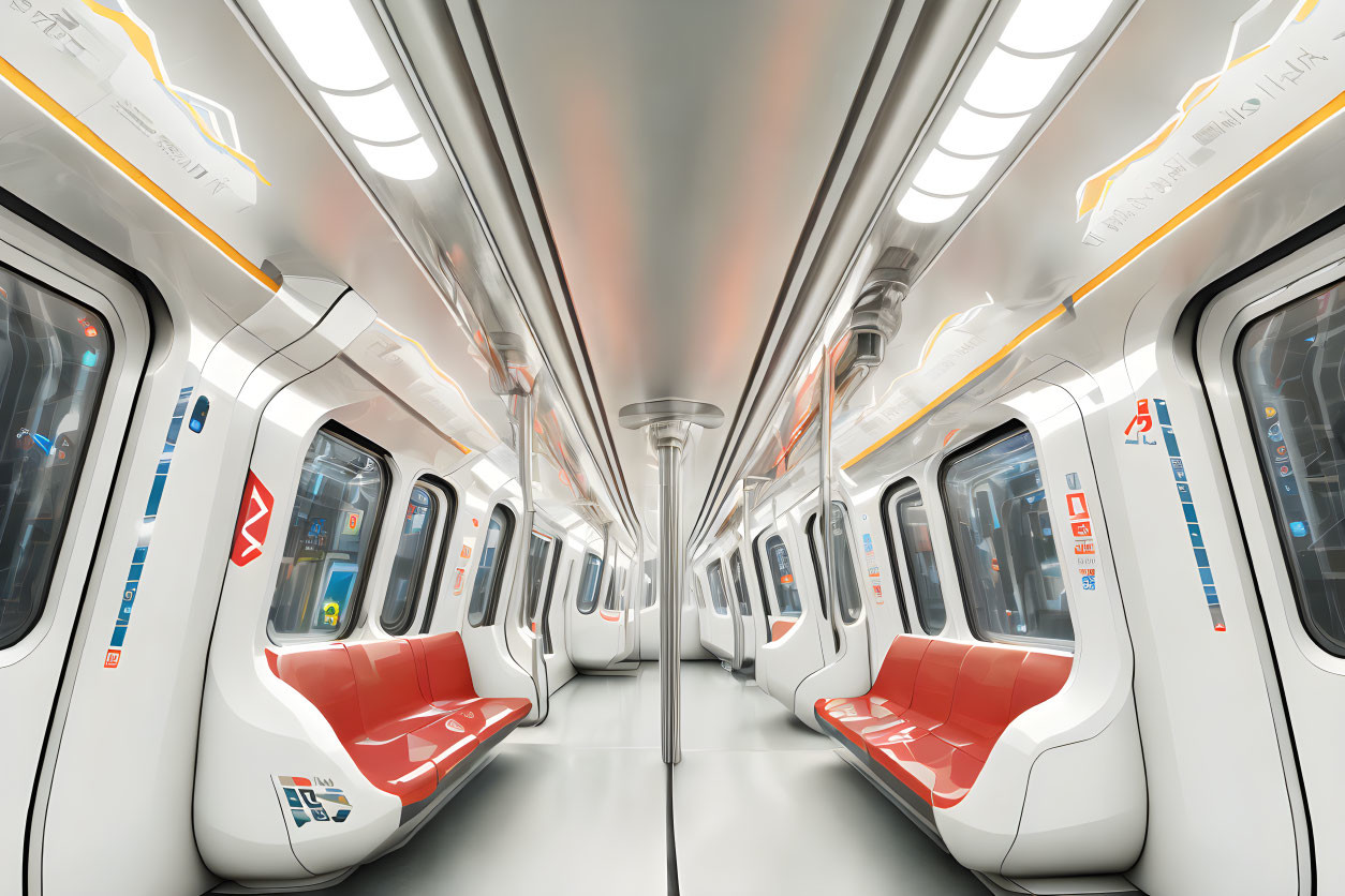 Empty modern subway car with white interiors, red seats, and bright lighting