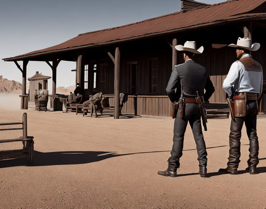 Cowboys near wooden building in Old West town