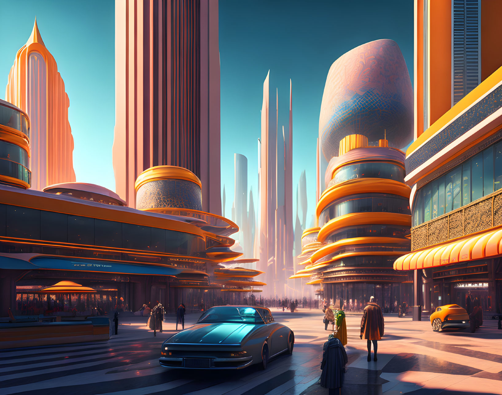 Futuristic cityscape with skyscrapers, vehicles, pedestrians in orange and blue setting