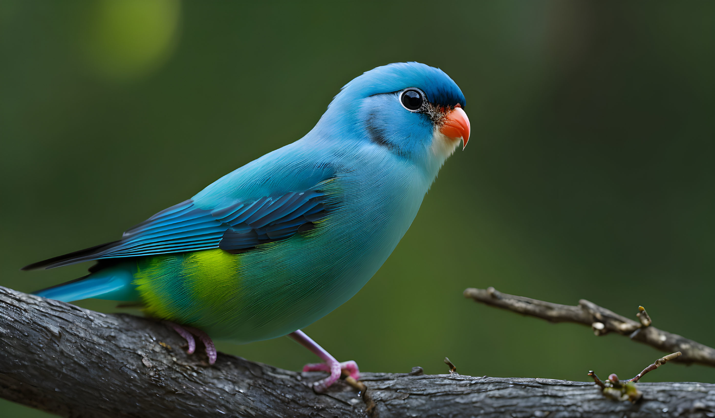 Colorful Blue Bird with Orange Beak on Branch in Green Background
