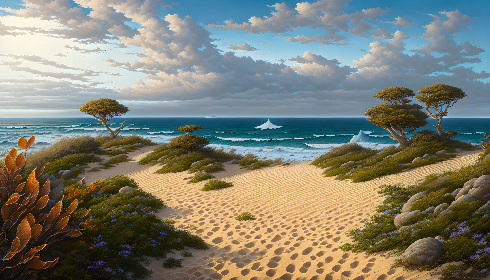 Tranquil beach landscape with dunes, shrubbery, ocean, sailboat, and cloudy