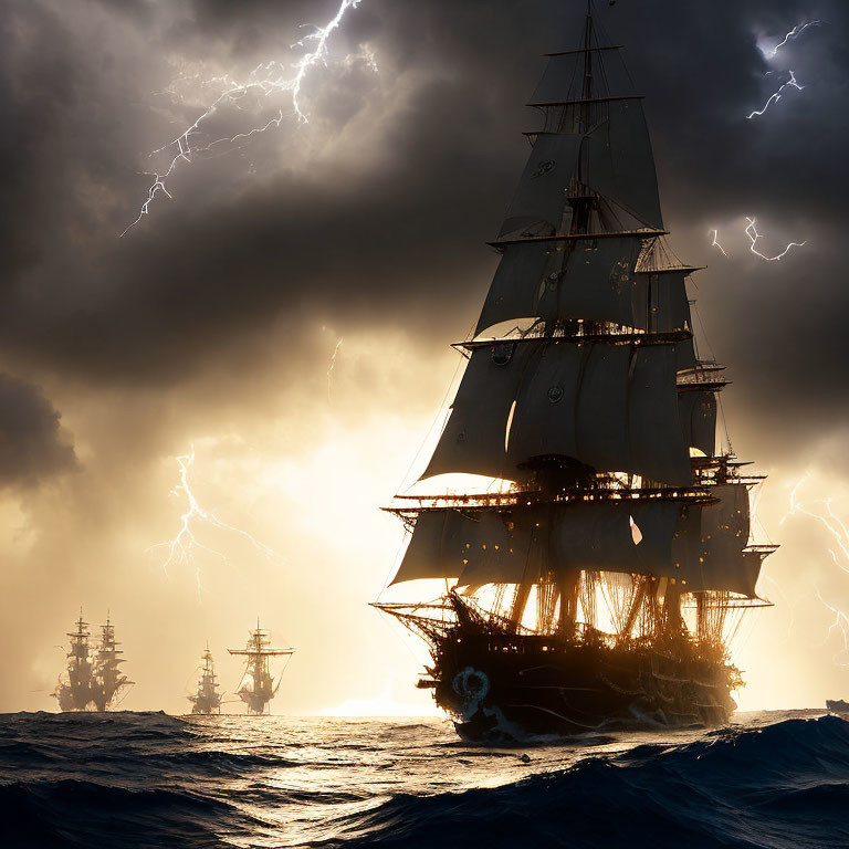 Dramatic nautical scene with sailing ships and stormy skies
