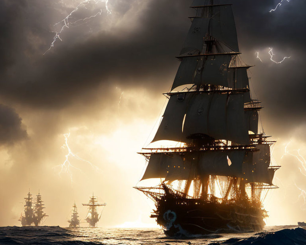 Dramatic nautical scene with sailing ships and stormy skies