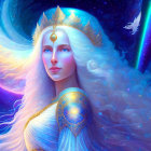 Ethereal woman with white hair and golden crown in cosmic scene