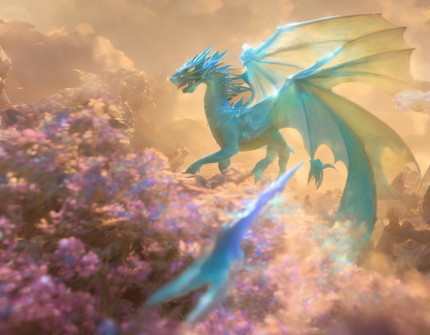Blue dragon in golden light surrounded by purple flowers