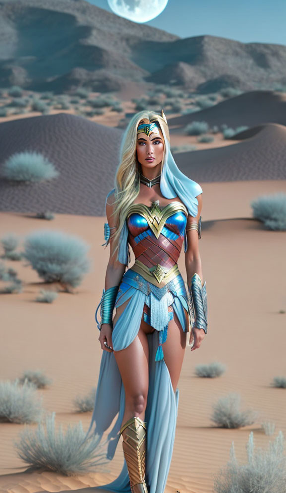 Female warrior in blue and gold costume under moon in desert