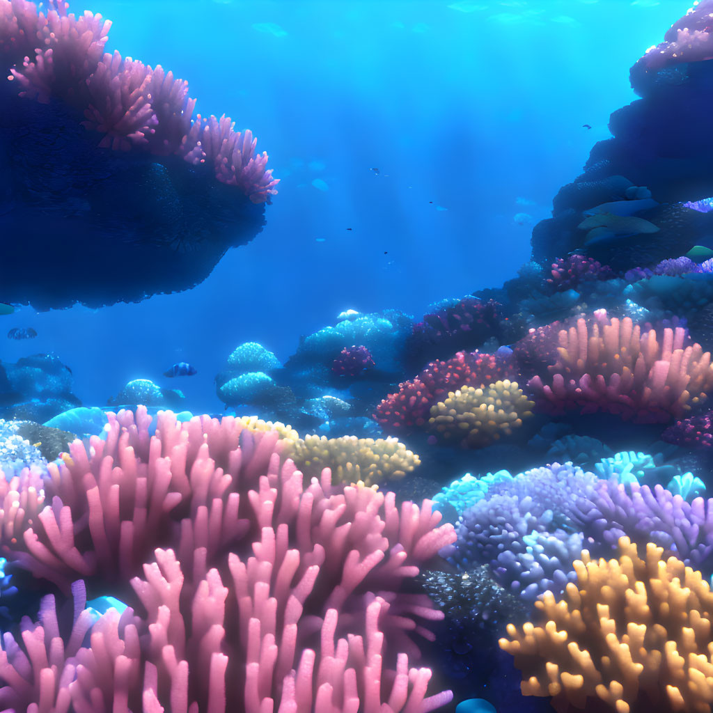 Colorful Coral Reef Under Blue Ocean Water with Sunlight Beams