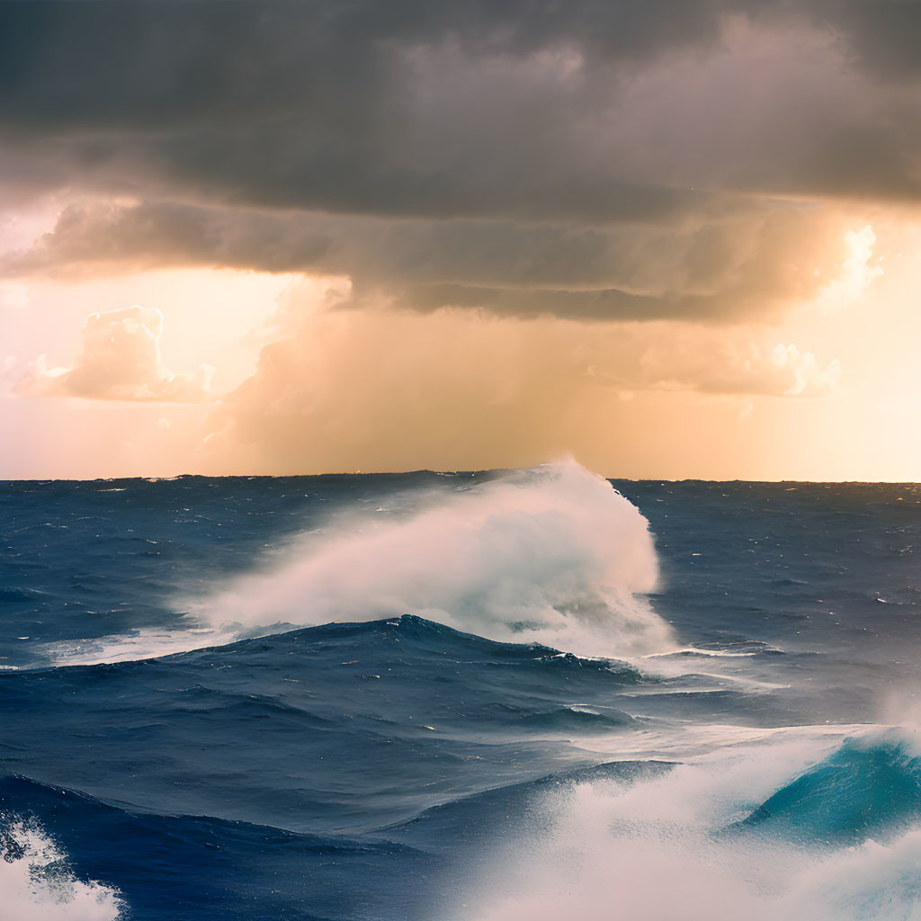 Dramatic Ocean Scene: Heavy Waves, Dark Clouds, Sunlight Contrast