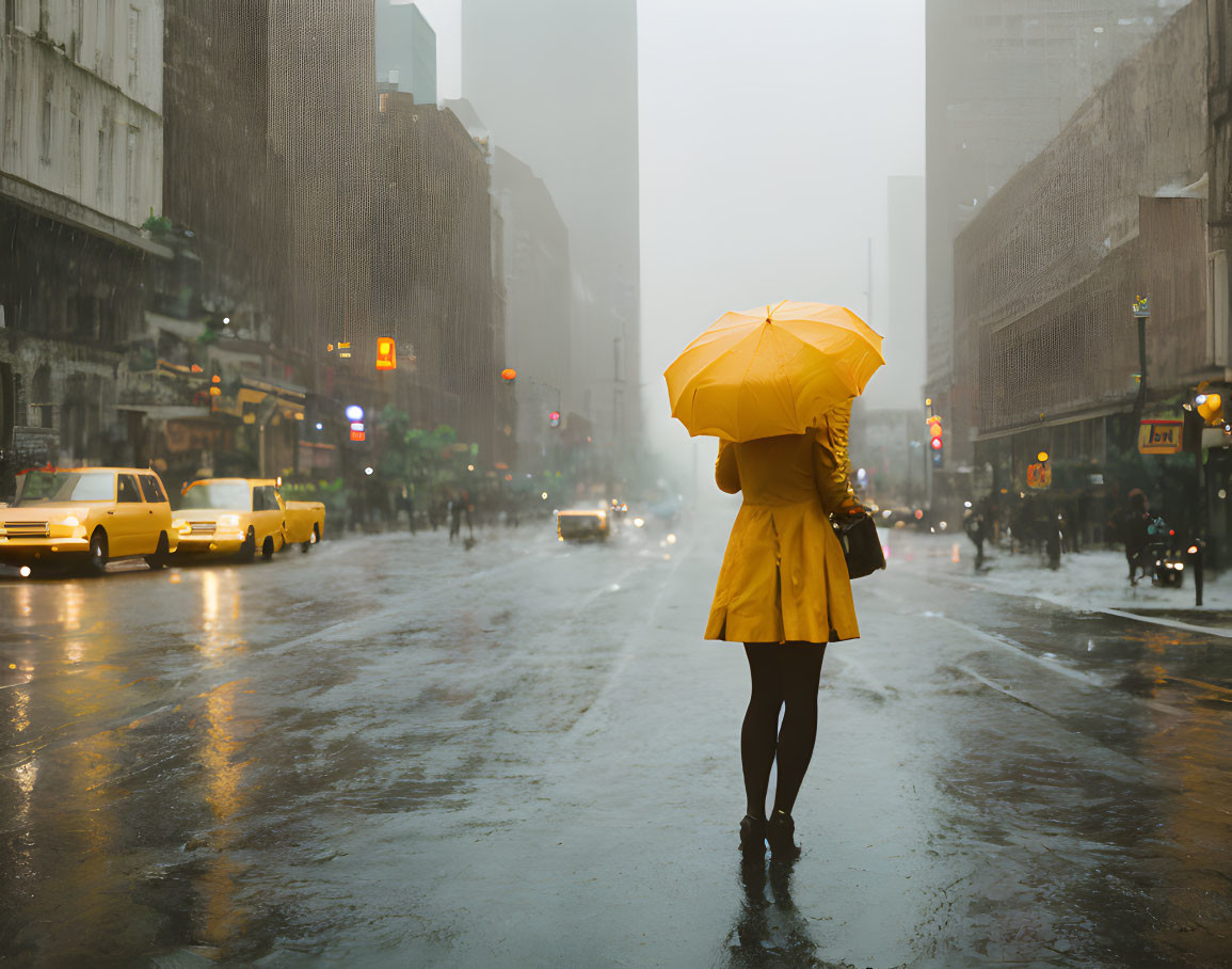 girl with a yellow umbrella on a rainy day