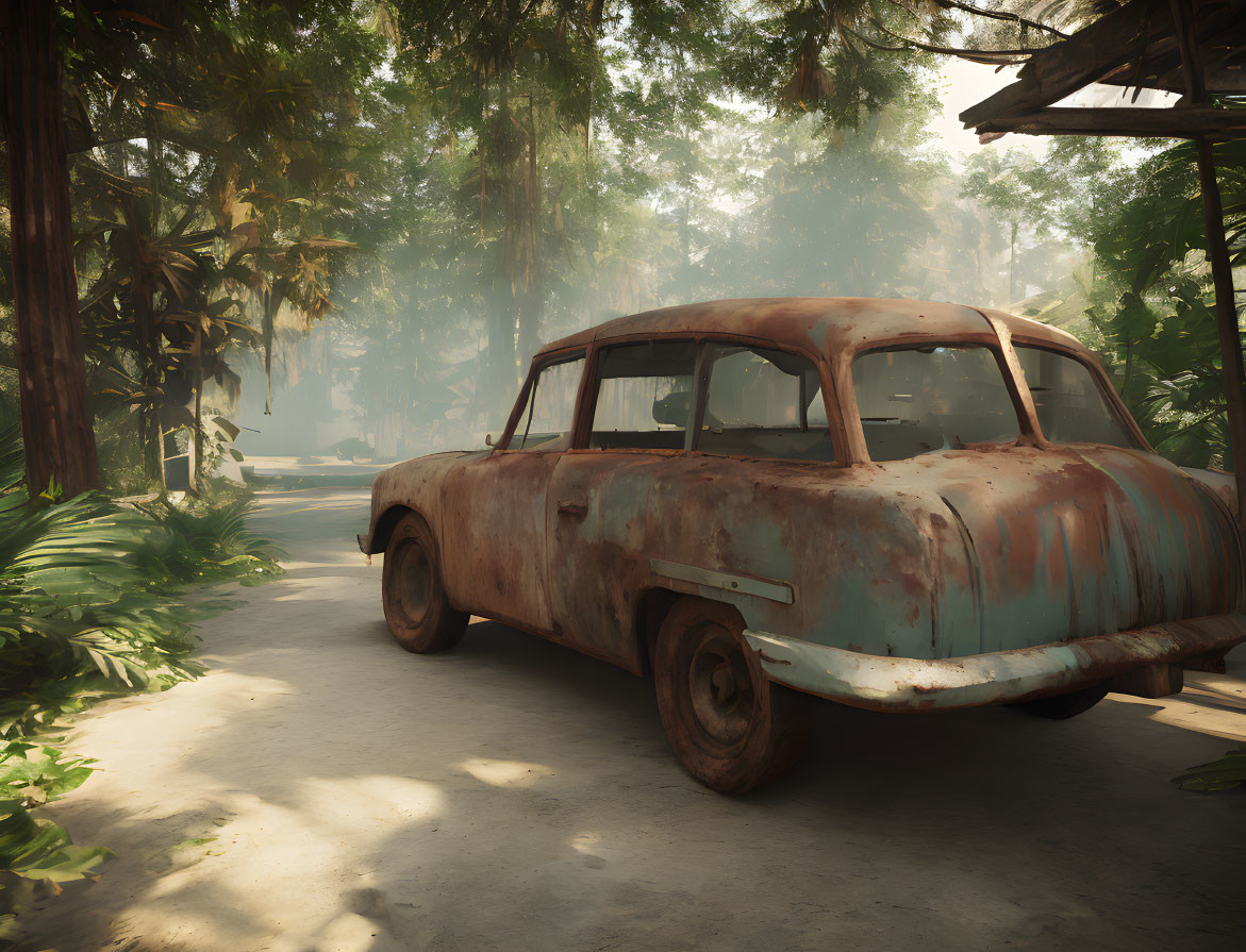 Abandoned rusty car in forest path with sunlight filtering through trees