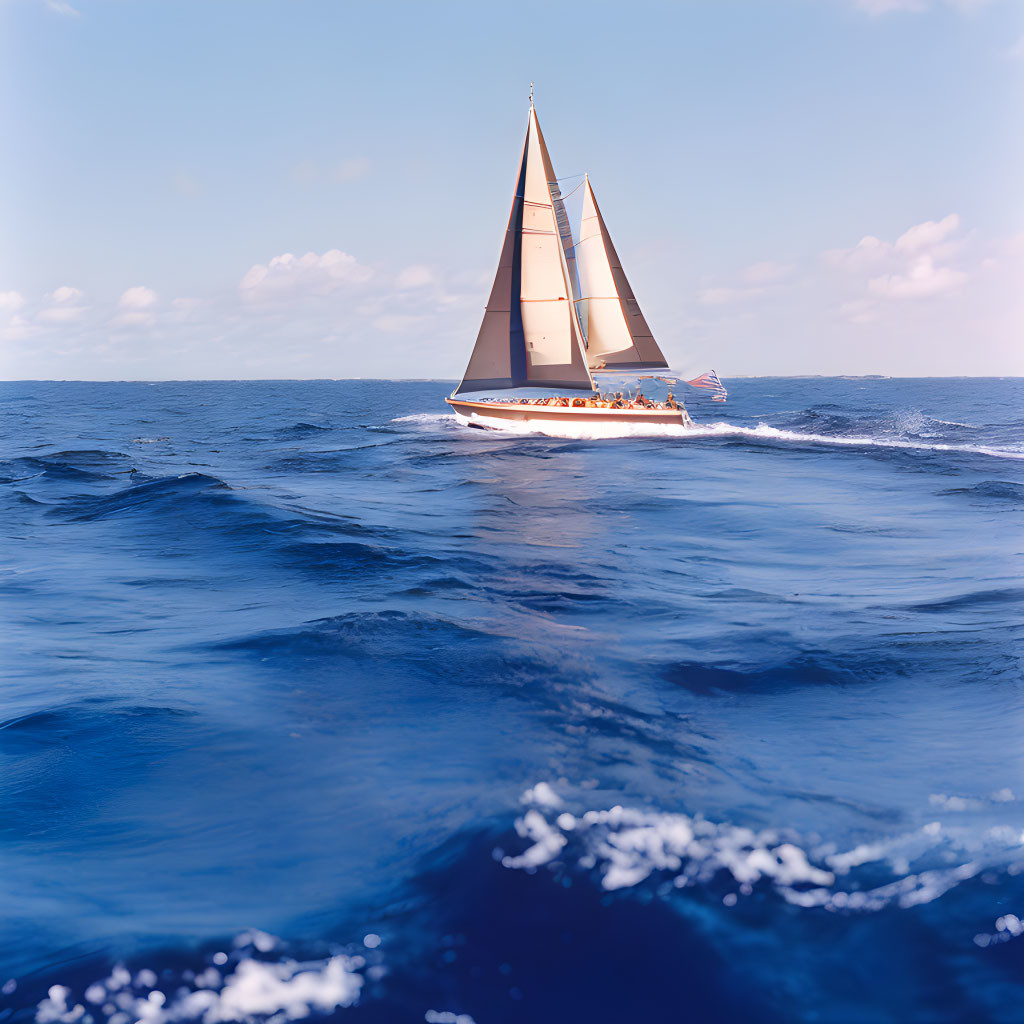 Sailboat with White Sails on Blue Ocean under Clear Sky