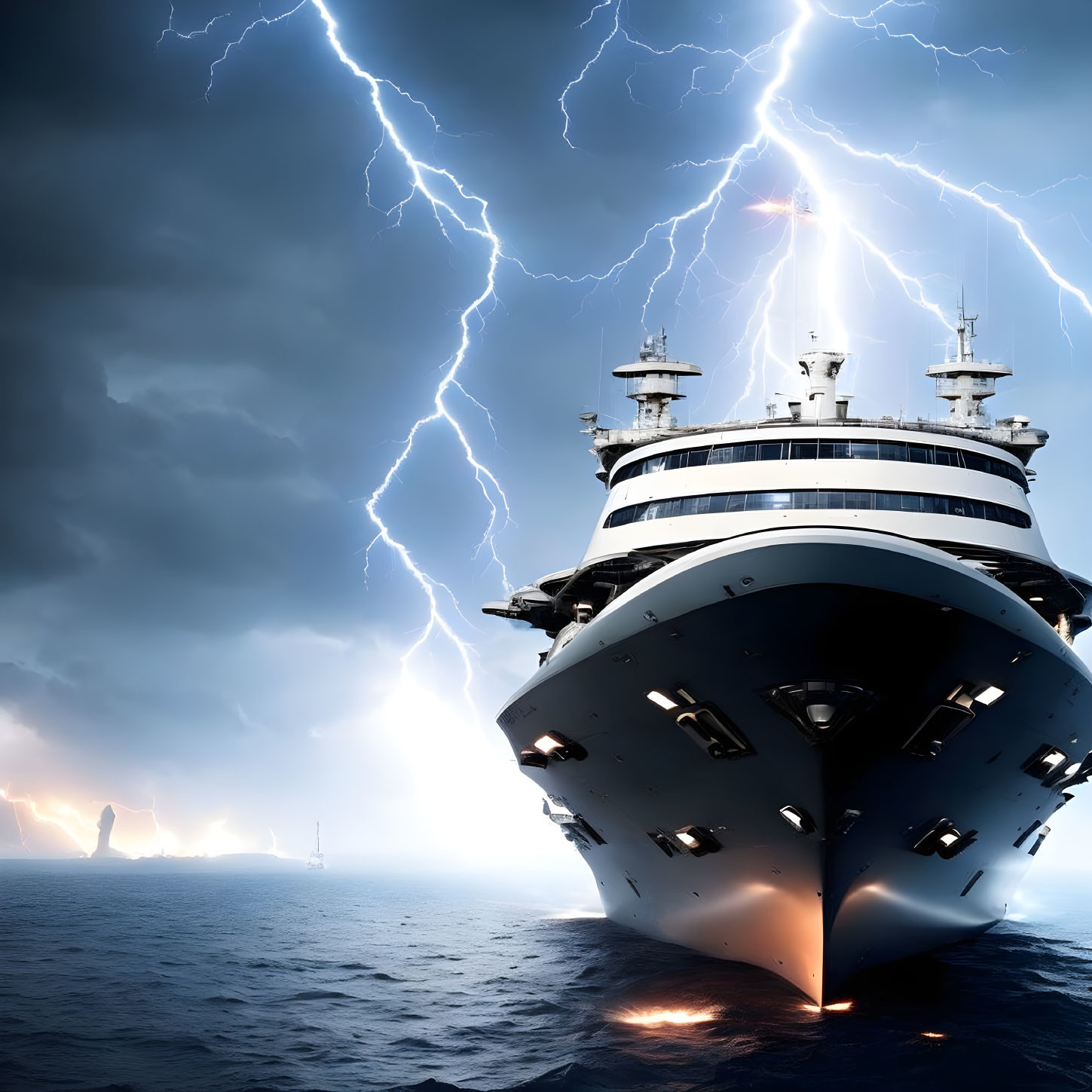 Dramatic thunderstorm with lightning strikes over cruise ship