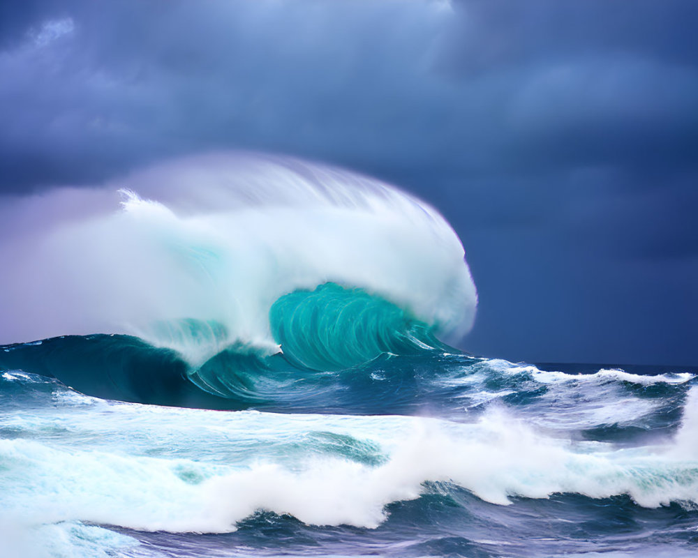 Turquoise Wave Cresting Against Stormy Skies
