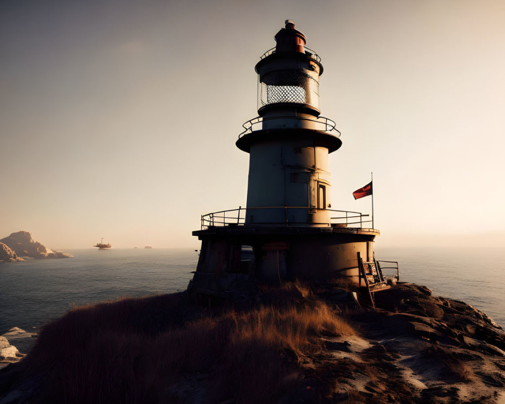 Lighthouse on rocky outcrop at sunset with ship and calm sea