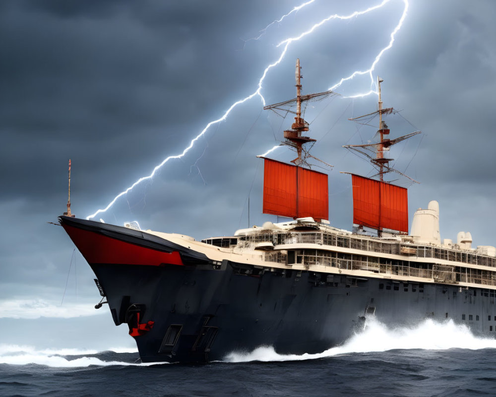 Stormy Seas: Large Ship with Red Sails Battling Lightning-Filled Sky