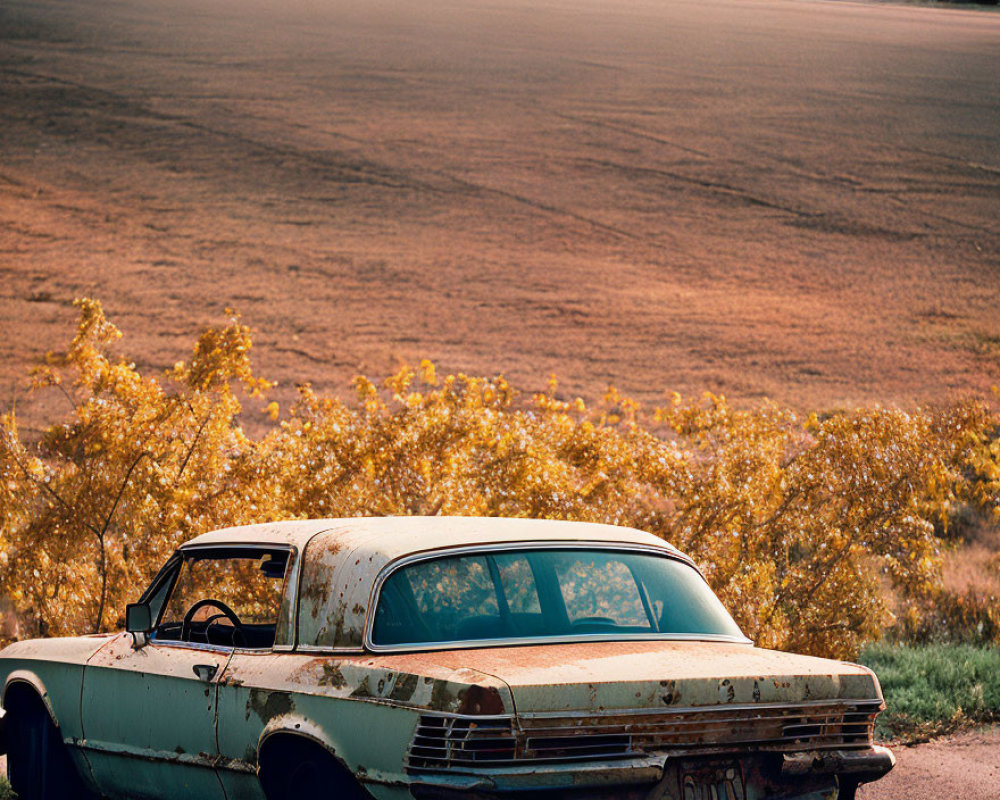 Rusty abandoned car in front of golden foliage field
