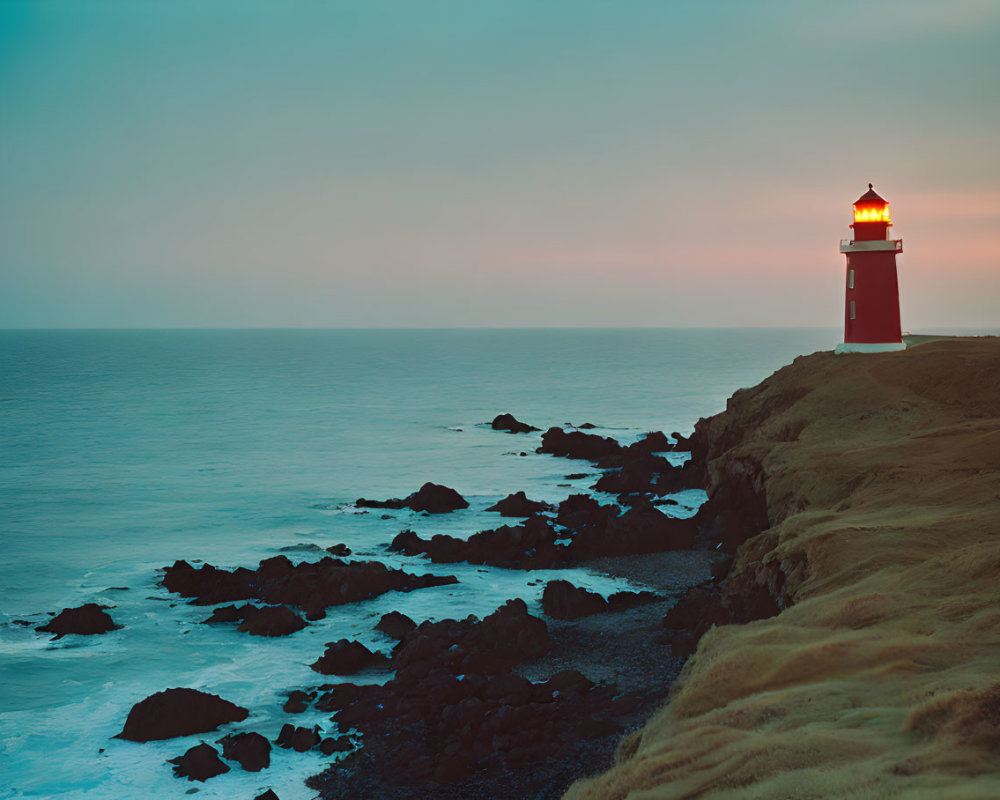 Tranquil coastal dusk with red lighthouse on rocky shore.