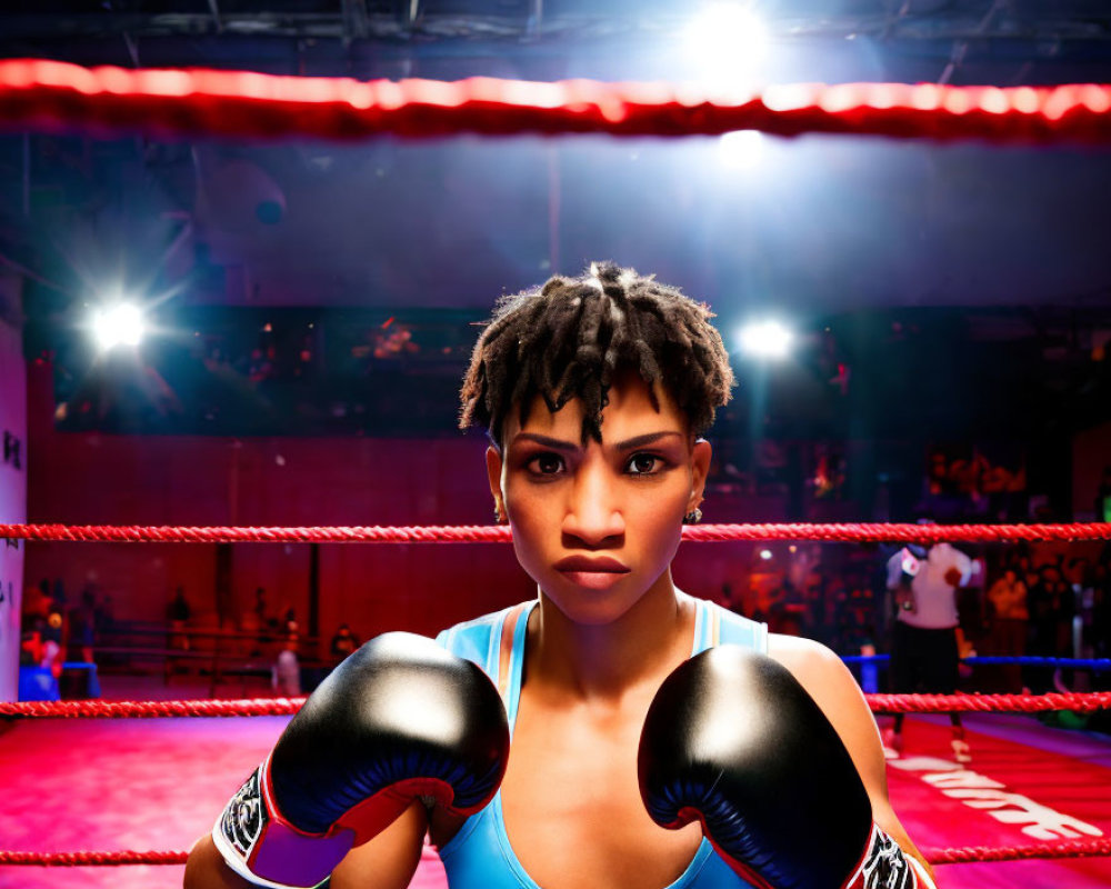 Female boxer in the ring under bright lights ready for a match