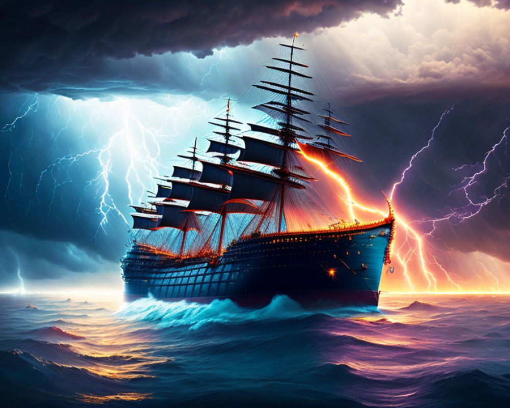 Majestic tall ship sailing through turbulent seas under stormy sky