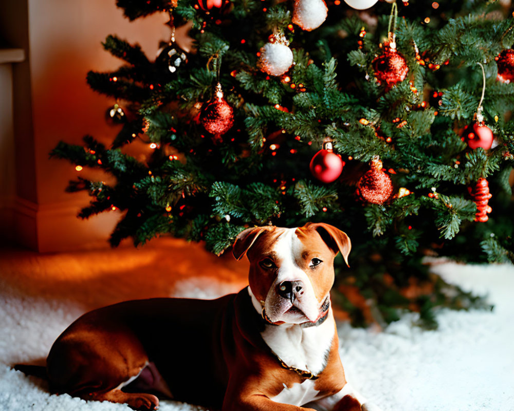 Brown and White Dog Sitting by Christmas Tree on Fluffy Rug