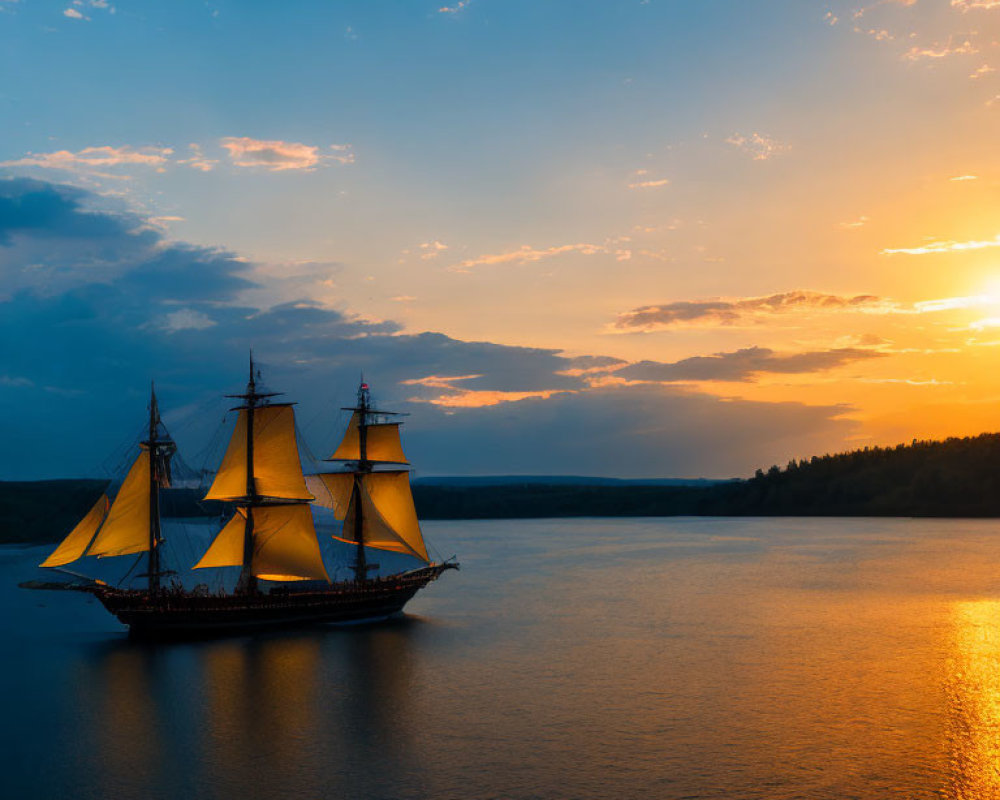 Tall ship with illuminated sails on tranquil sea at sunset