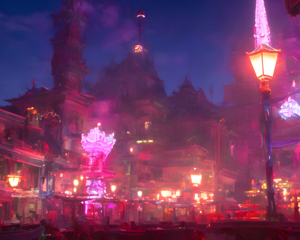Neon-lit fantasy cityscape with purple crystal structure and traditional buildings at dusk