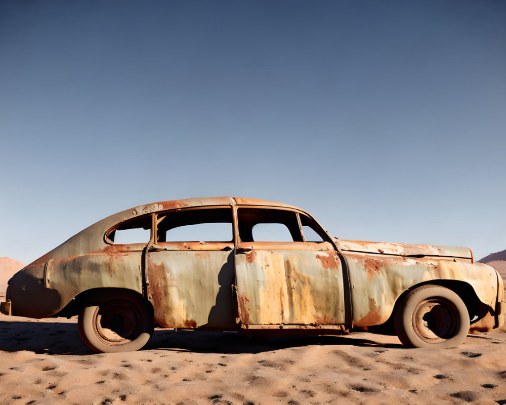 Abandoned Rusty Car in Desert Landscape
