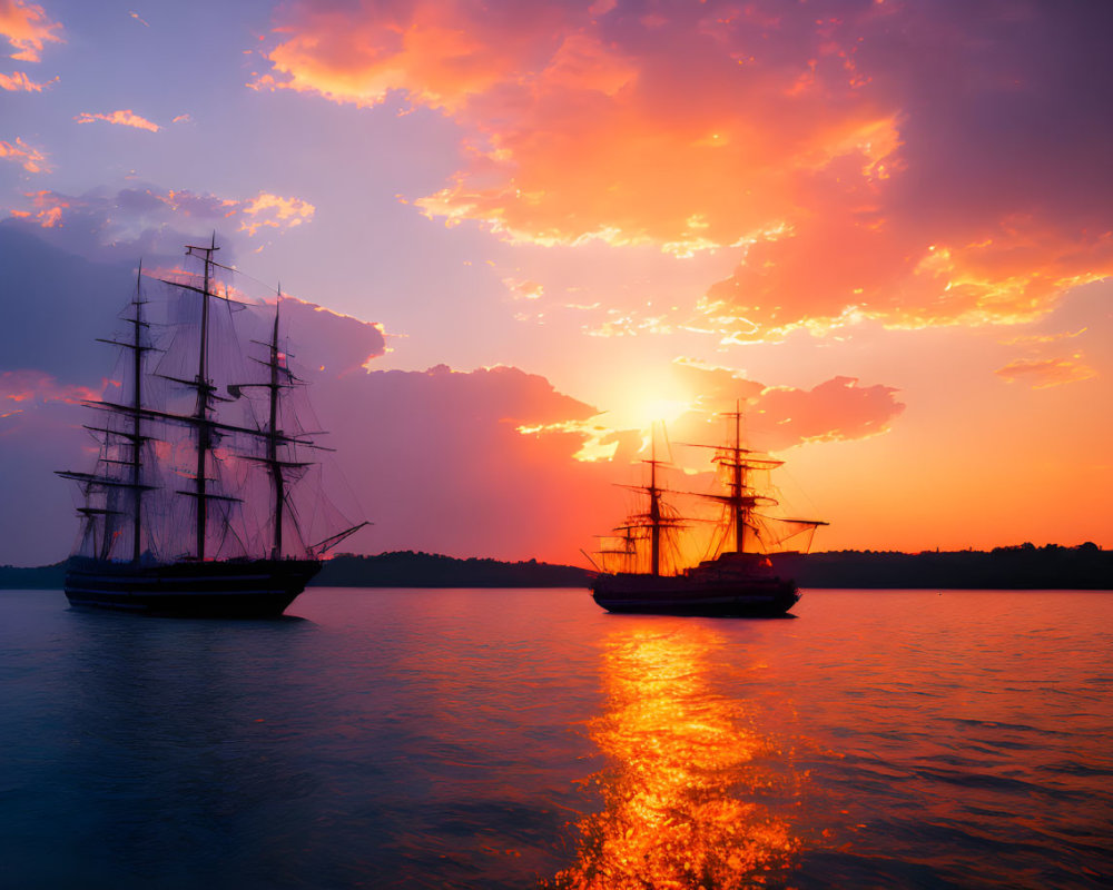 Tall Ships Sailing at Sunset with Vibrant Orange Skies