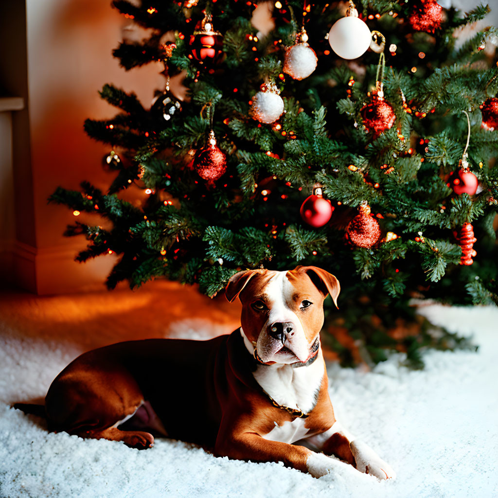 Brown and White Dog Sitting by Christmas Tree on Fluffy Rug