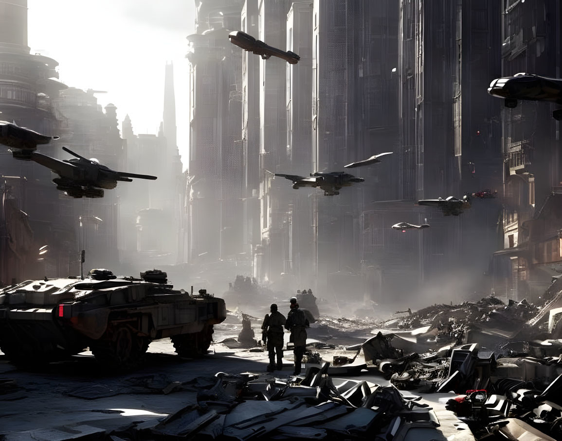 Dystopian cityscape with towering buildings, military aircraft, tank, and figures