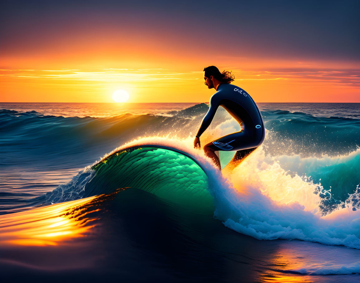 Sunset surfing scene with orange and blue skies.