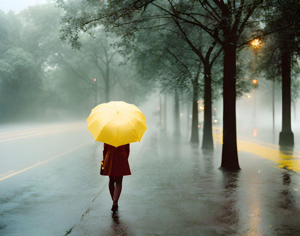 Person with Yellow Umbrella Walking on Wet Street in Foggy Scene