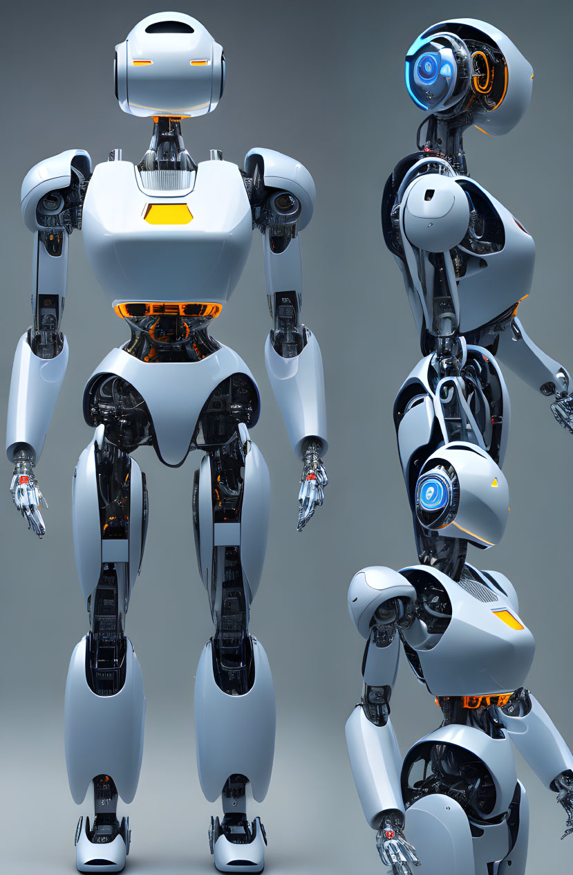 White and Black Humanoid Robots with Glowing Blue and Orange Accents on Grey Background