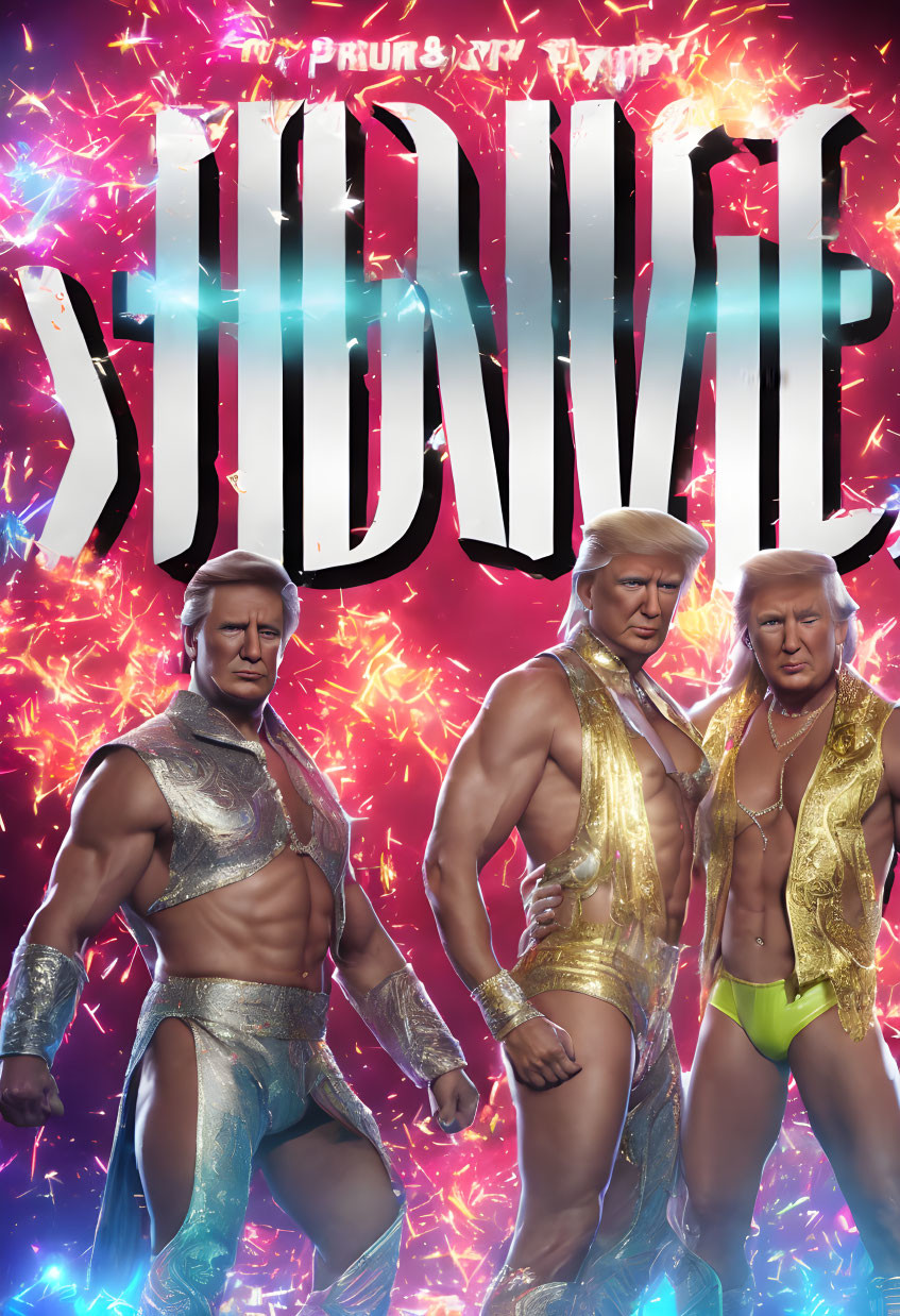 Stylized male figures in wrestling costumes on vibrant pink background