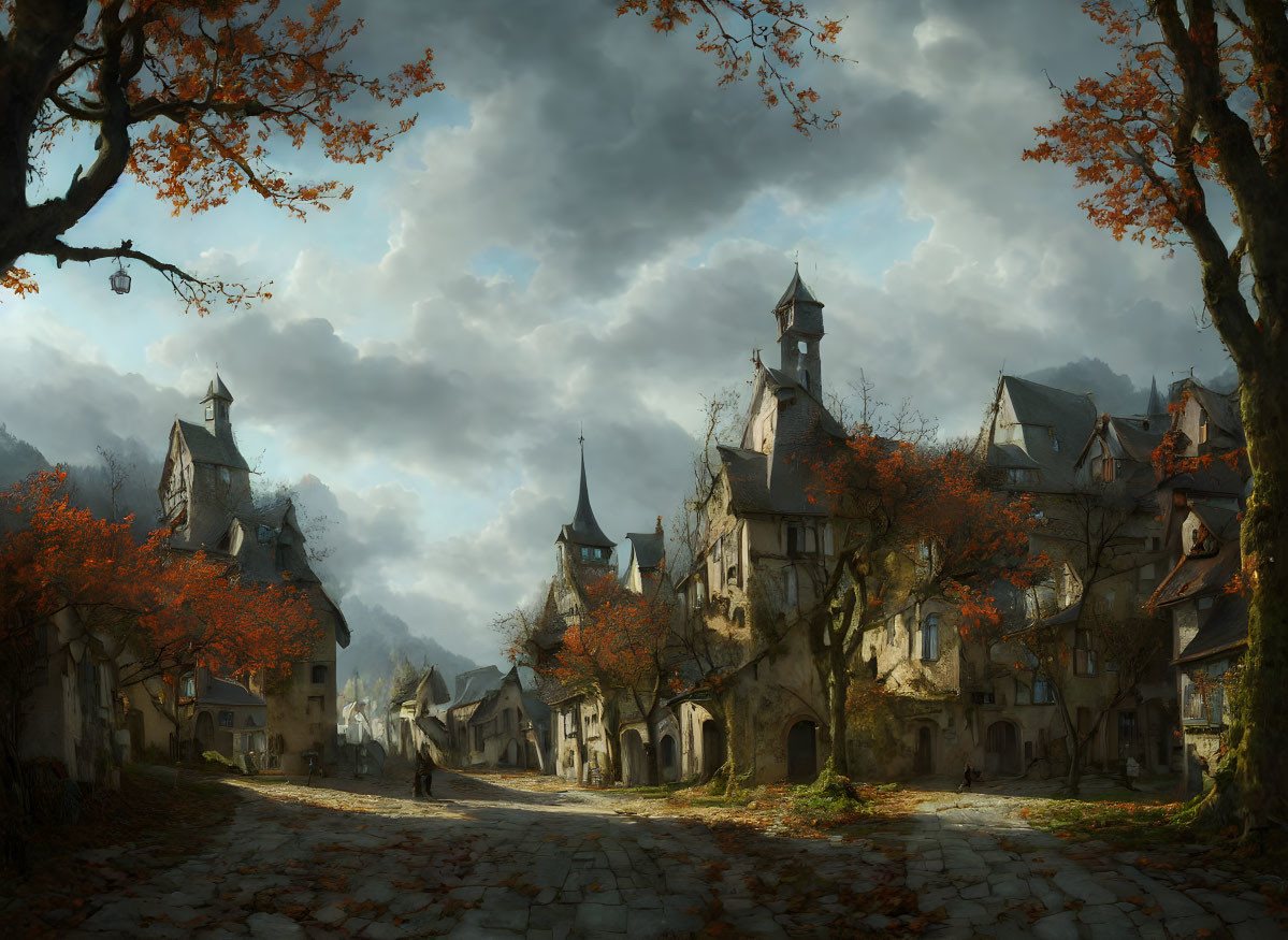 Medieval village with cobblestone streets, autumn trees, and solitary figure