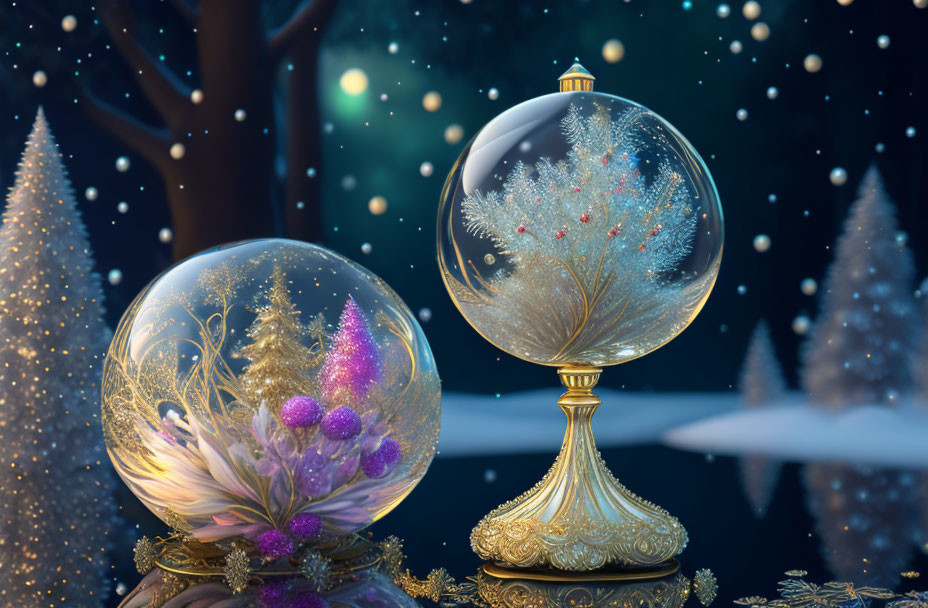 Ornate snow globes on reflective surface with snowy trees and twinkling lights
