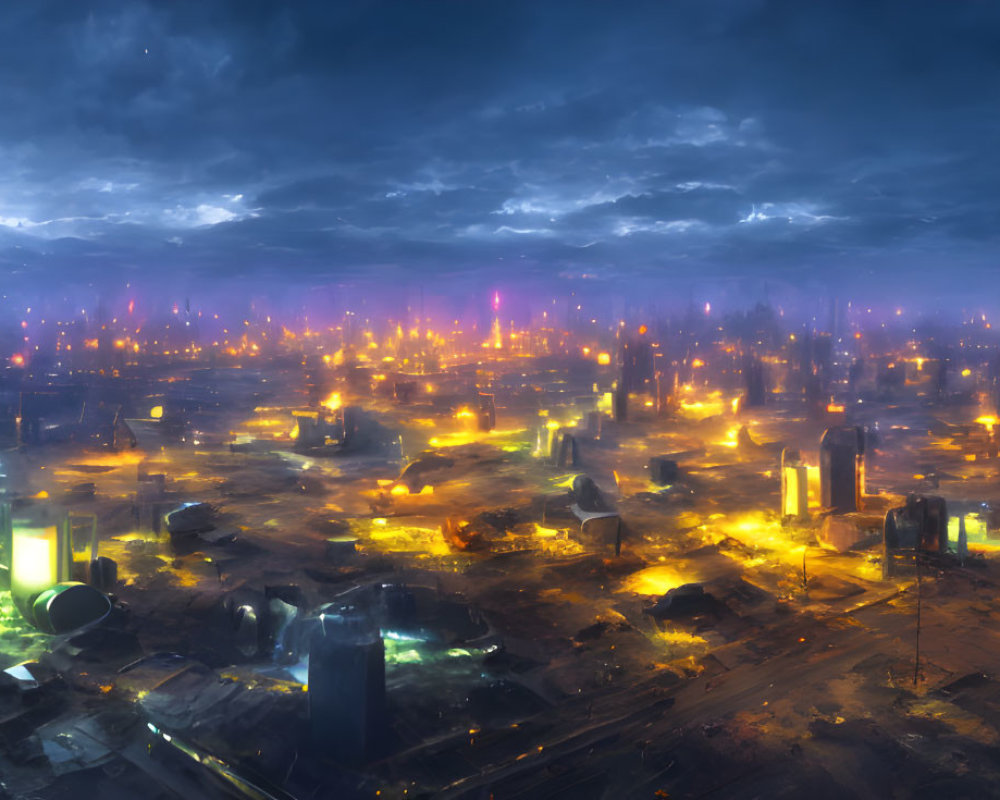 Futuristic night cityscape with illuminated skyscrapers and neon-lit sky