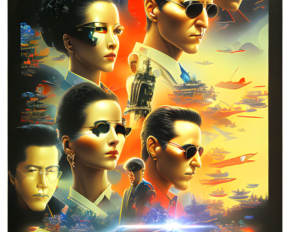 Futuristic movie poster with multiple characters in sunglasses