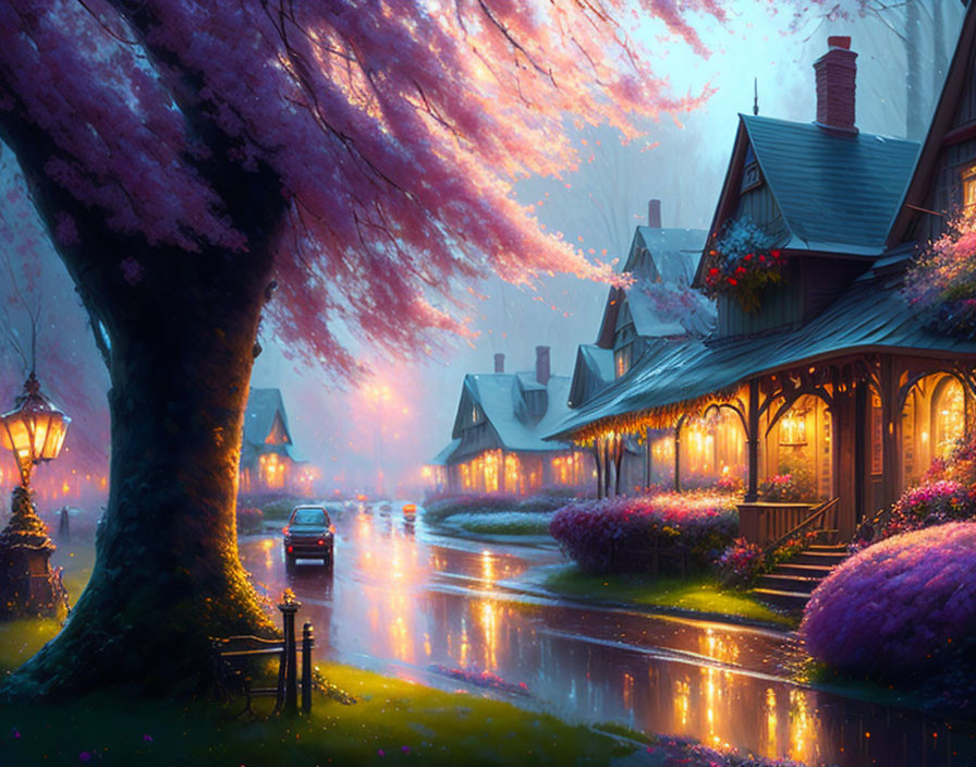 Serene evening scene with glowing street lamps, wet street, quaint houses, and blooming purple trees