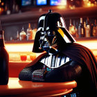 Person in Darth Vader costume at bar with cocktail and bottles in background