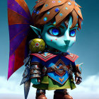 Fantasy character with pointed ears in elaborate armor against blue sky